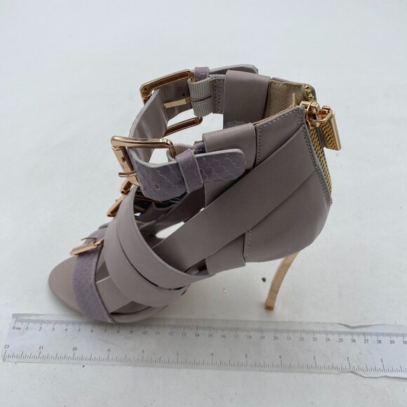 FSJ Gray Strappy Heels with Gold Buckles - Picture 2 of 7